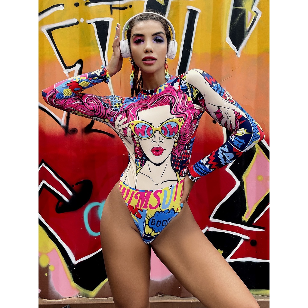 Đồ bơi kín đáo 1 mảnh in nhiệt hình cô gái năng động , bikinigu tây đồ bơi thể thao cá tính | BigBuy360 - bigbuy360.vn