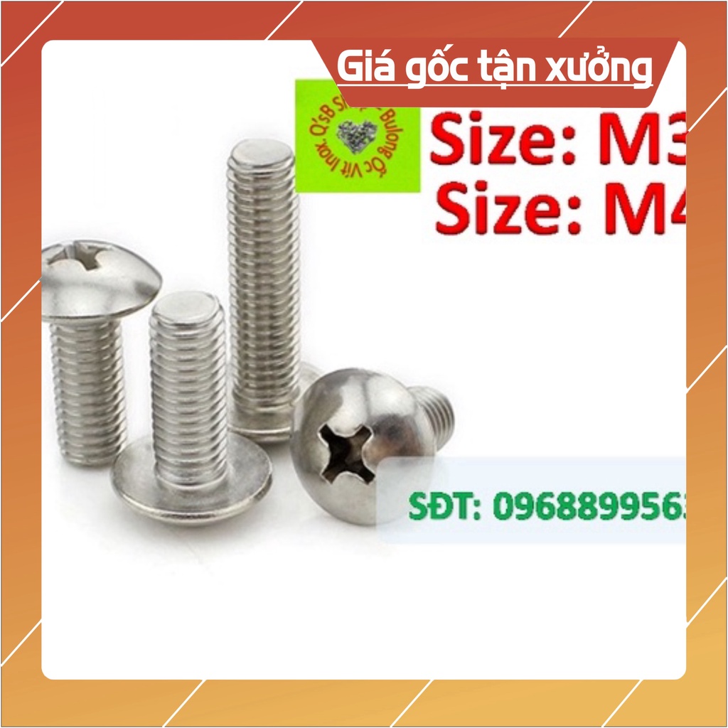 Vít inox đầu dù thân bulong, Vít 4 cạnh đầu dù size M3 và M4 inox 201, inox 304 din IFII-27