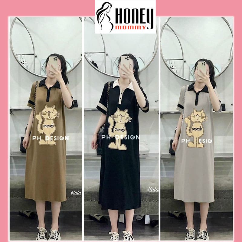 Đầm Bầu Váy Bầu Mùa Hè Dáng Xuông Cổ Sơ Mi Họa Tiết Mèo Xinh Xắn Dễ Thương Trẻ Trung HD2926 Honey Mommy