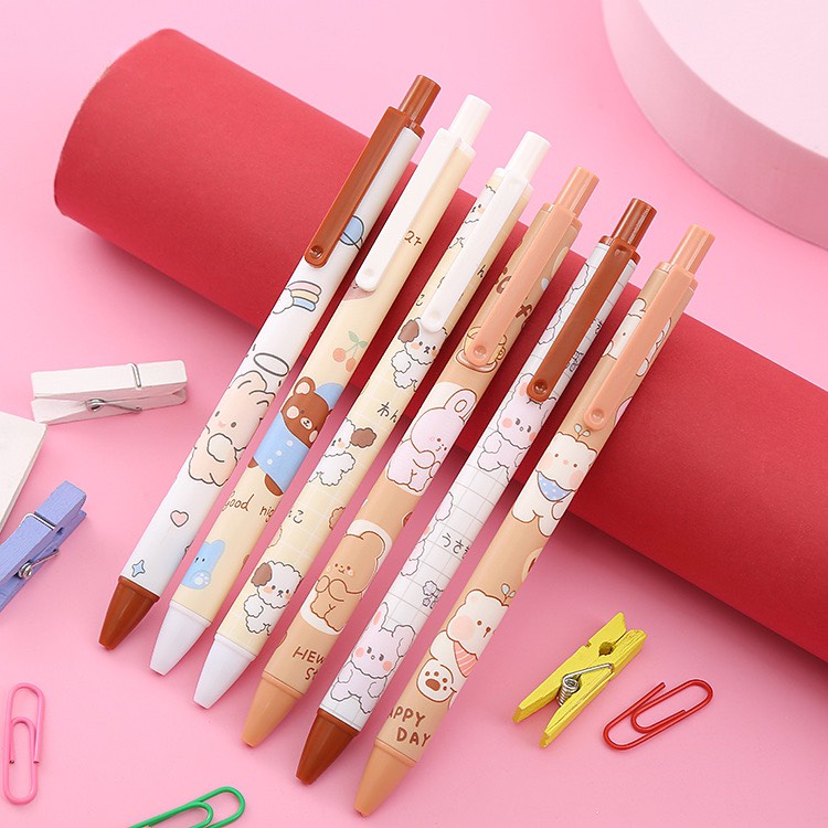 Sét 6 bút bi đen hoạt hình - bút bi bấm mực đen trơn in hình dễ thương BBĐ