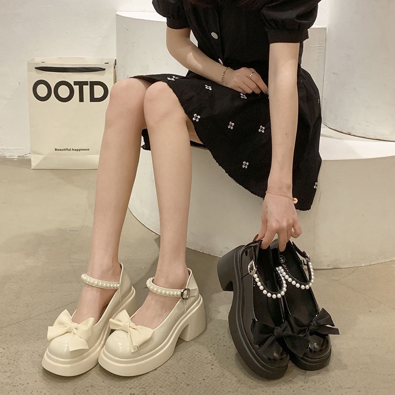 Giày Mary Jane đế dày nơ ngọc trai