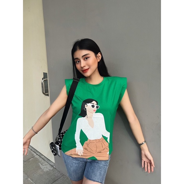 Áo độn vai iClassic thun cotton phông sát nách Cam Xanh Lá thời trang nữ áo kiểu sang trọng thanh lịch đi chơi dạo phố