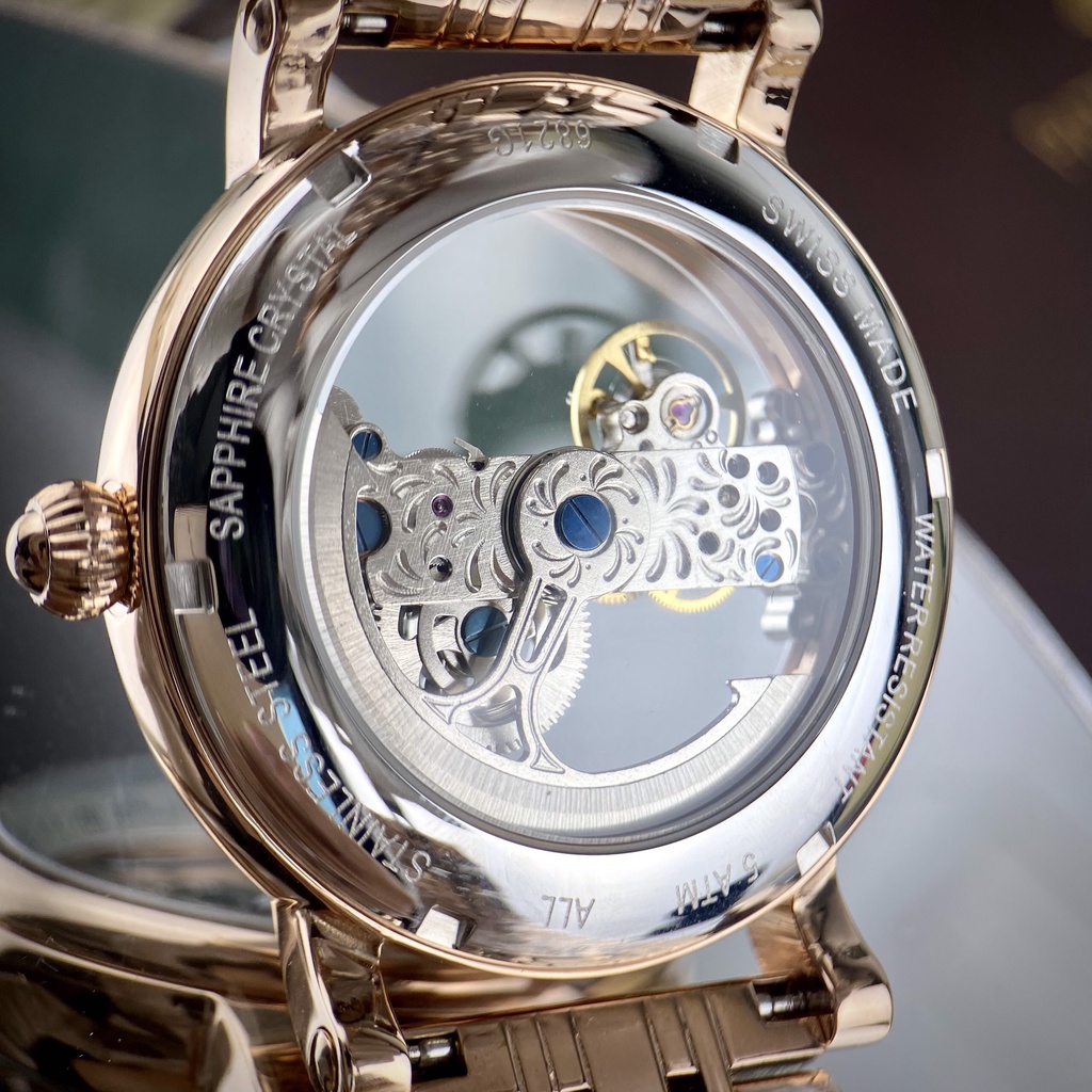 Đồng hồ Nam Ptek cơ Automatic kín trong độc đẹp lạ dây kim loại 40mm vỏ vàng, vỏ trắng