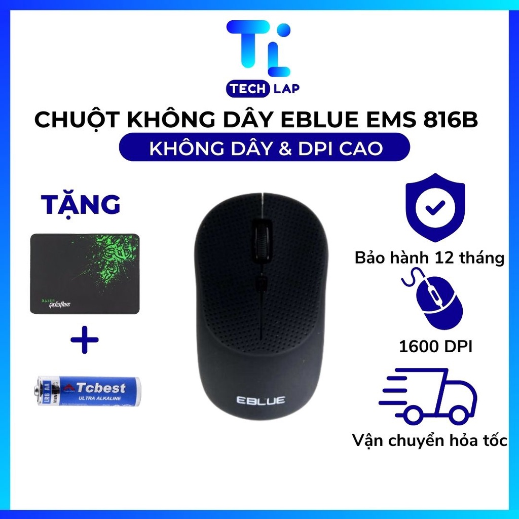 Chuột không dây E-Blue EMS 816B, kết nối bluetooth wireless, Độ nhạy chuột DPI 1600 cho Laptop/PC - Bảo hành 12t tháng