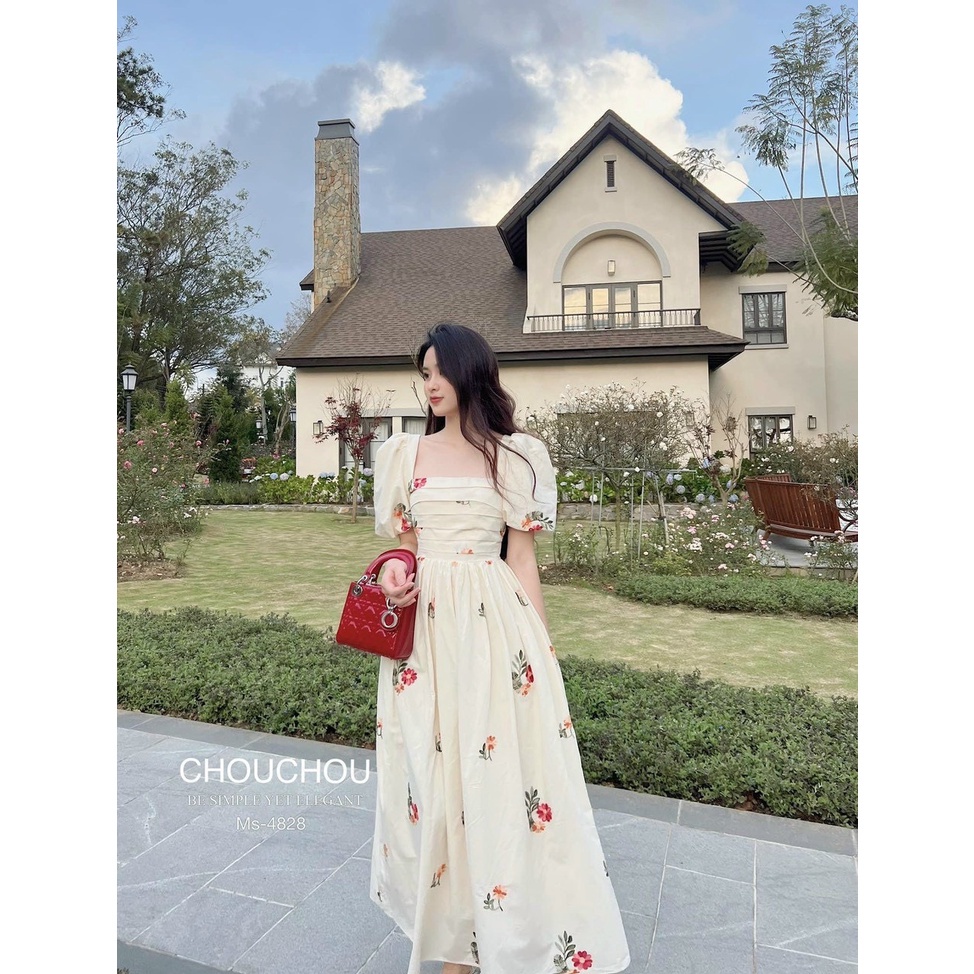 Váy babydoll tay bồng công chúa tiểu thư dáng xoè, váy hoa maxi dáng dài chất vải đũi lụa Quảng Châu mềm mát