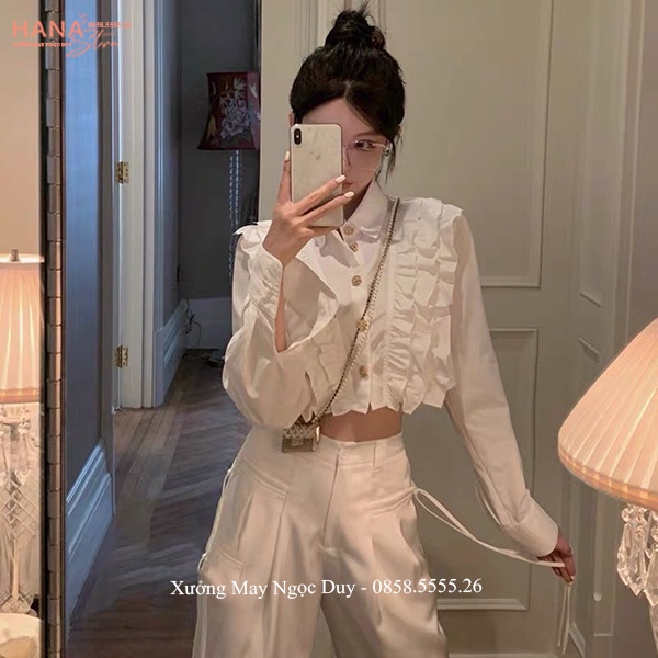 Áo sơ mi nữ tay dài phồng cổ V đức - Áo sơ mi croptop trắng kiểu dài tay bèo ngực đi học công sở hẹn hò điệu đà cá tính
