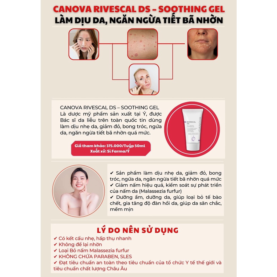 CANOVA Rivescal DS Soothing Gel 50mL - Gel Làm Dịu Da, Ngăn Ngừa Tiết Bã Nhờn