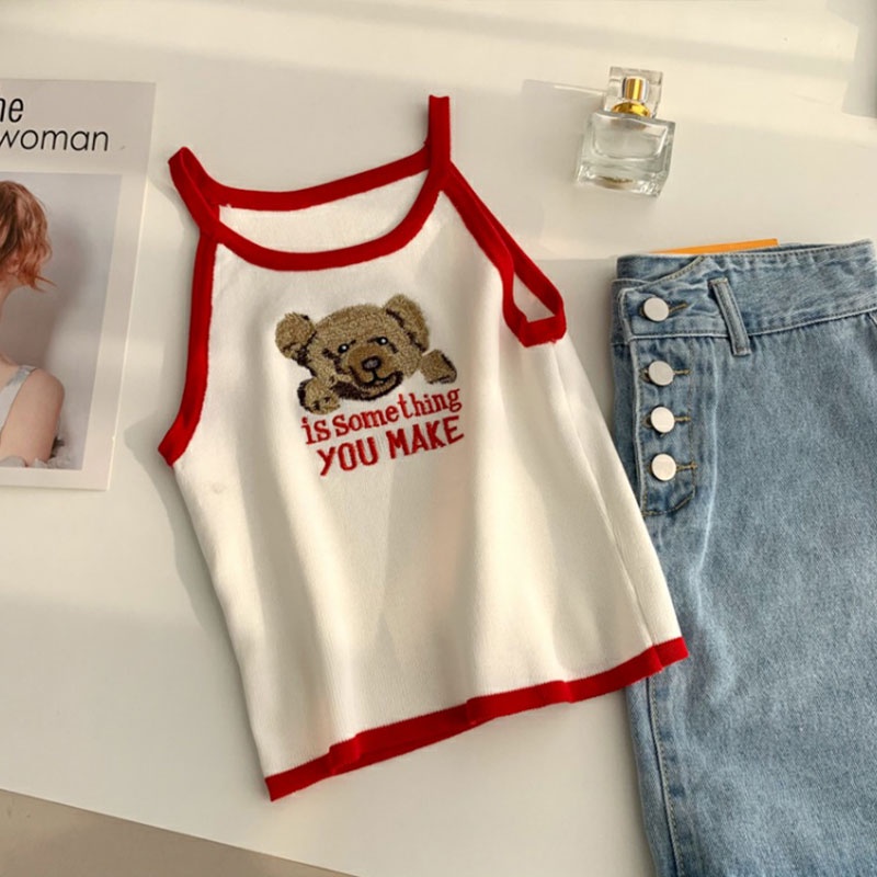 Áo Tank Top Hai Dây Dệt Kim Ôm Dáng Thêu Hình Gấu Thời Trang Hàn Quốc Cho Nữ