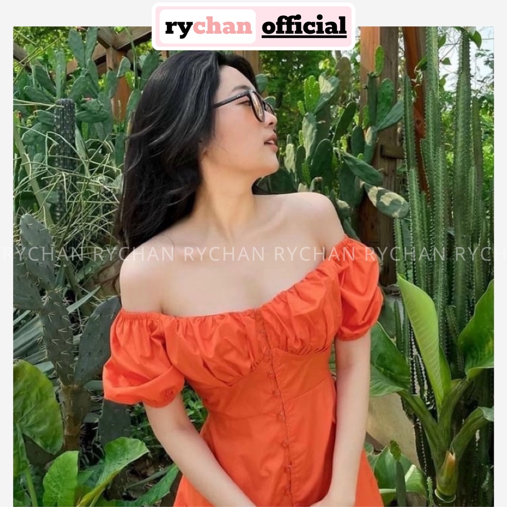 Đầm Nữ Trễ Vai Tay Ngắn Nhúng Ngực Nút Bọc Xẻ Tà Quyến Rũ, Đầm Nữ Đi Tiệc Form Dài Dáng Xòe Sexy Màu Cam - DX376