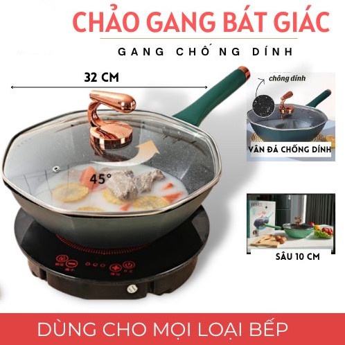 (HÀNG CHẤT LƯỢNG CAO) Chảo chống dính 8 cạnh, chảo bát giác Hàn Quốc sâu lòng, chảo 32cm vân đá kèm nắp kính siêu đẹp
