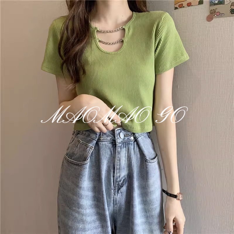 Maomao GO Áo Thun Ngắn Tay Ôm Dáng Eo Cao Thời Trang Mùa Hè Hàn Quốc Cho Nữ