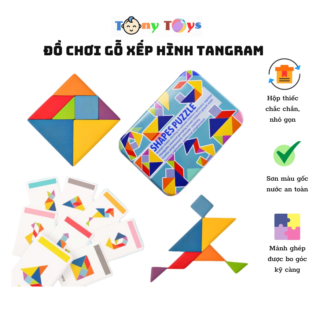 Đồ chơi gỗ ghép hình Tangram, hộp thiếc, 7 miếng ghép, nhiều thẻ hình_kích thích, phát triển tư duy cho trẻ