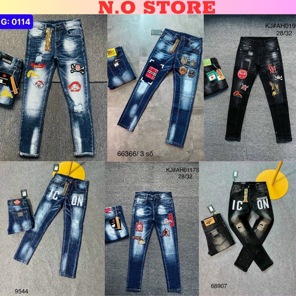 Quần jean nam vải denim có khóa kéo phối Loang EVI.SU thêu logo ông địa mẫu mới chuẩn form rất đẹp cao cấp N.O STORE