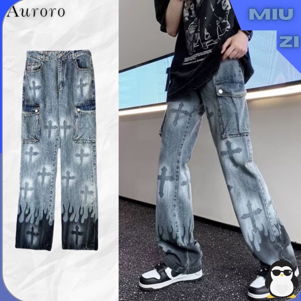Quần jean nam ống hộp họa tiết in thánh giá cá tính Miuzi,Quần jean Unisex Miuzi DT122