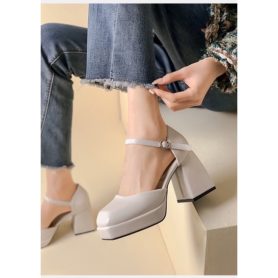 Sandal bít gót quai ngang đế 10f gót vuông êm chân dễ đi