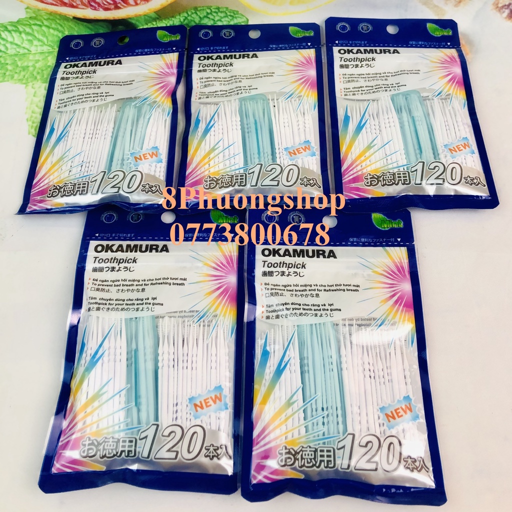 TĂM NHỰA Nhật Bản nha khoa 120 cây /gói OKAMURA làm sạch răng miệng