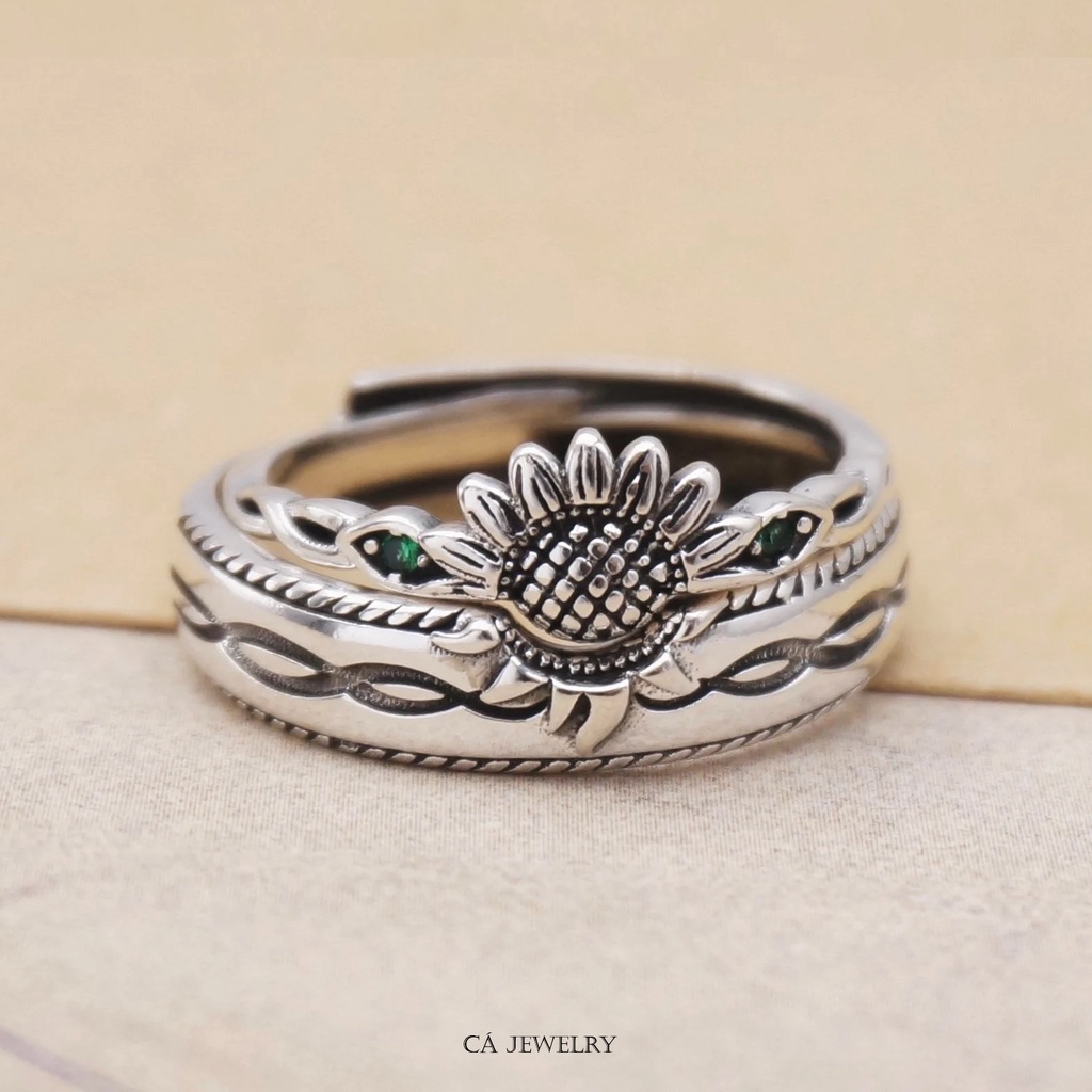 Nhẫn đôi nhẫn cặp nam nữ hoa mặt trời bạc s925 mảnh ghép Cá jewelry NĐ76