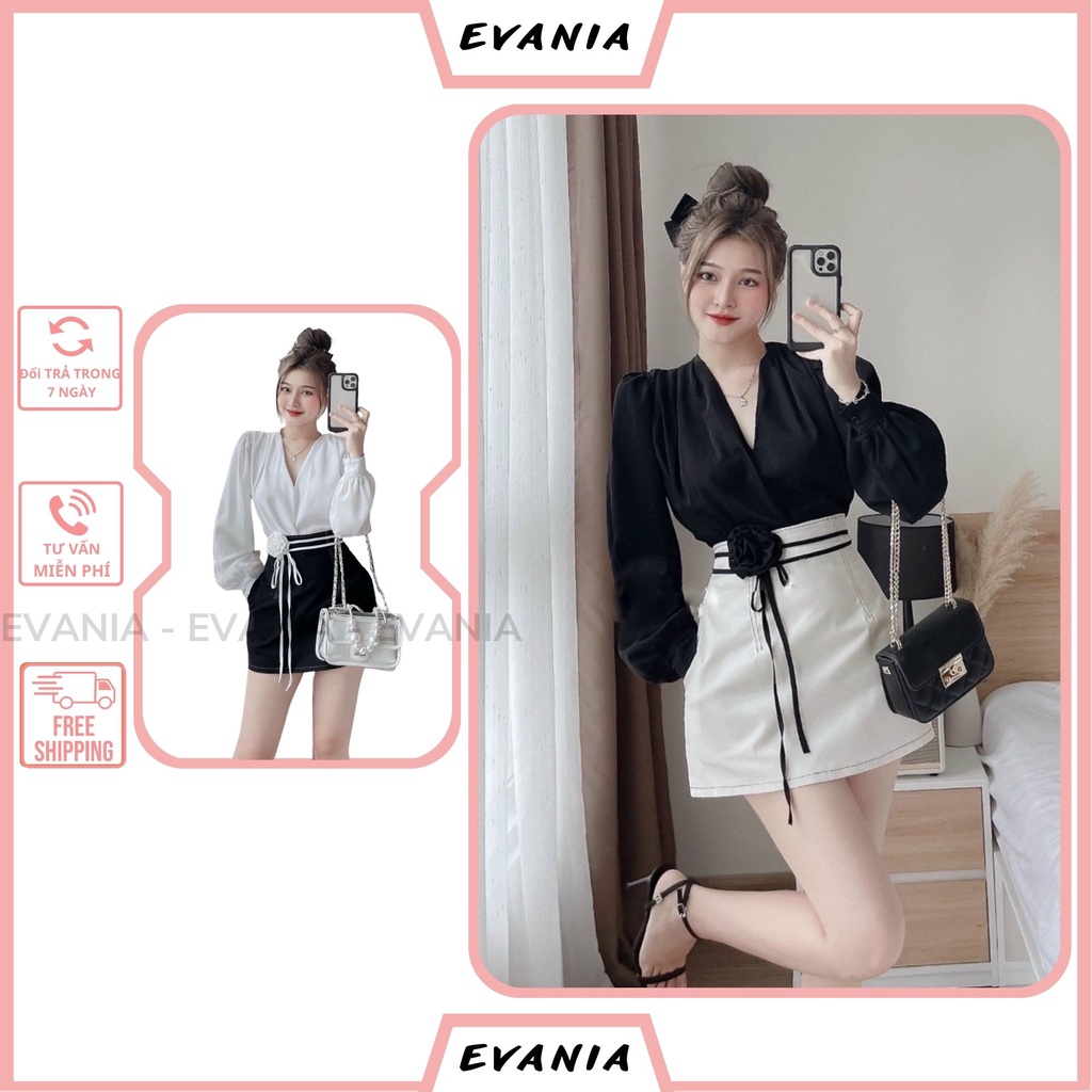Set Áo Chân Váy EVANIA Kèm Hoa Mix Áo Sơ Mi Lụa Tay Bồng Cổ V Màu Trắng, Đen - Mã T330