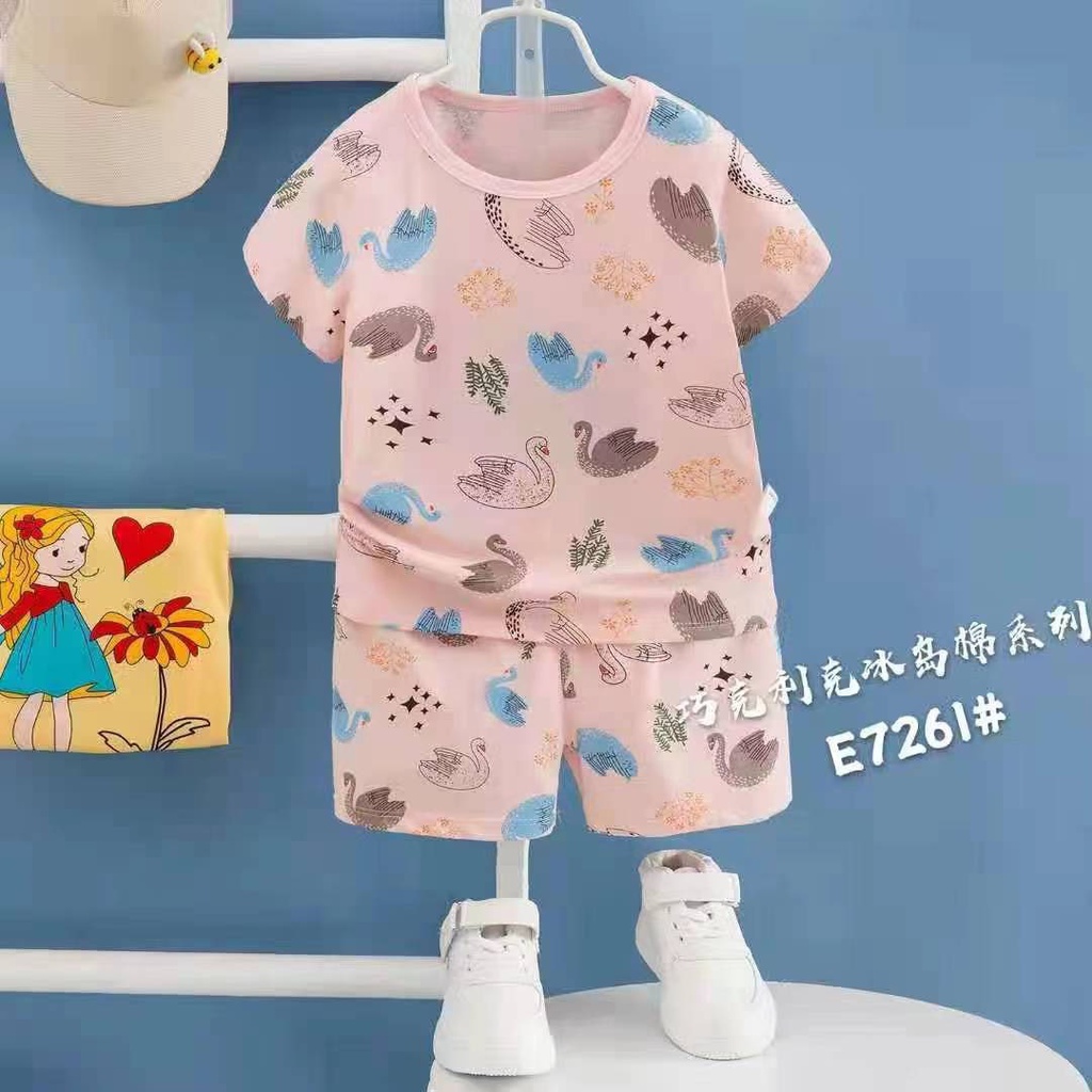(Xuất hàn QiQi 8-36kg) Bộ quần áo cotton ngắn tay QiQi xuất hàn cho bé gái 8-36kg