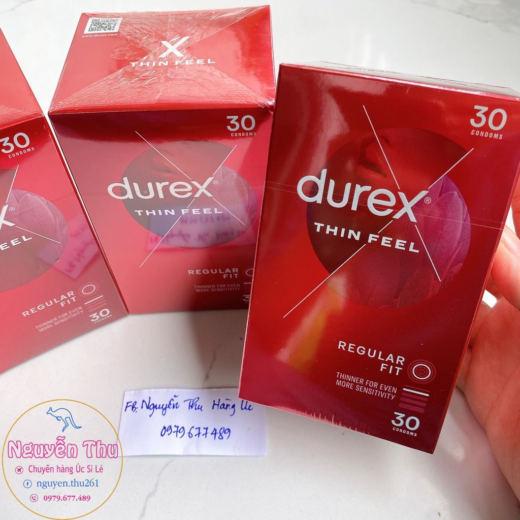 (Che tên)Hộp 30 chiếc bao cao su siêu mỏng kéo dài thời gian durex fetherlite ultra thin feel condoms extra sensitive úc