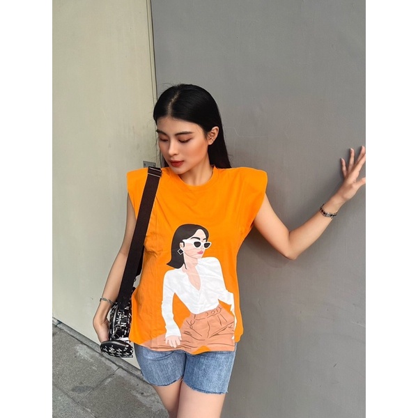 Áo độn vai iClassic thun cotton phông sát nách Cam Xanh Lá thời trang nữ áo kiểu sang trọng thanh lịch đi chơi dạo phố