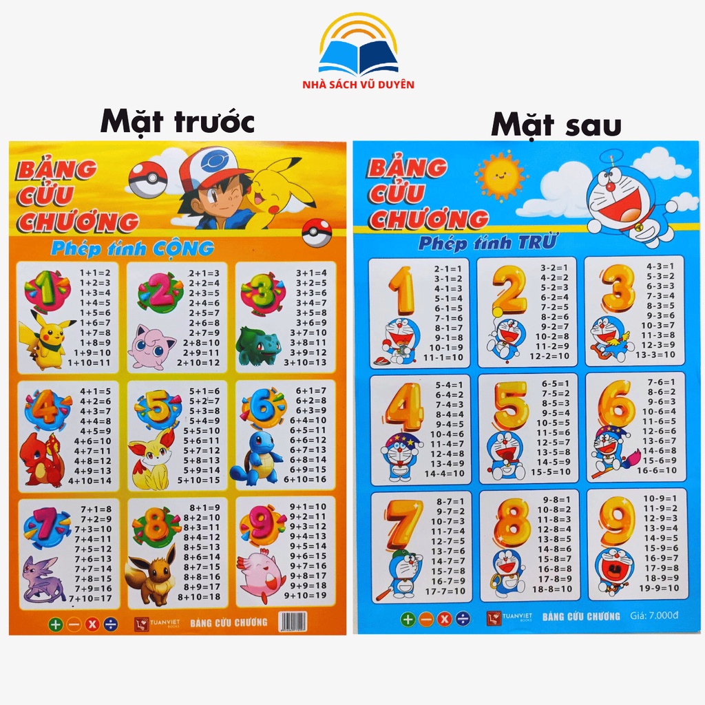 Bảng cửu chương phép tính cộng trừ, nhân chia in 2 mặt Vũ Duyên