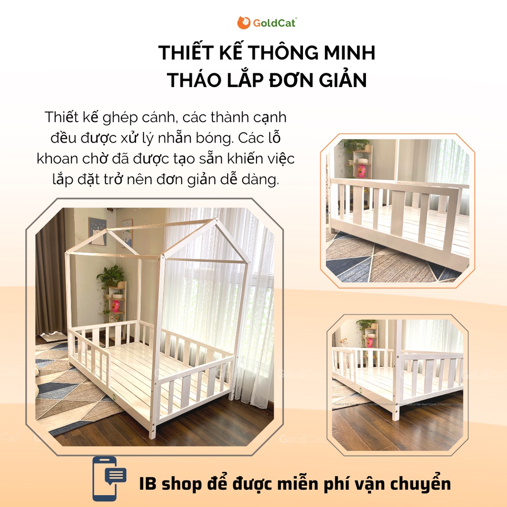 Giường cho bé gái, bé trai hình ngôi nhà, gỗ quế tự nhiên GoldCat cho trẻ từ 3-15 tuổi | Tặng Set Trang tr