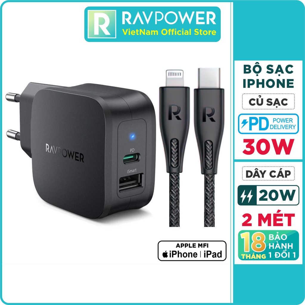 Combo Củ Sạc Nhanh PD 3.0 30W QC 3.0 18W RP-PC132 & Cáp USB Type C to Lightning MFI C94 20W 2M RAVPower RP-CB01005-B