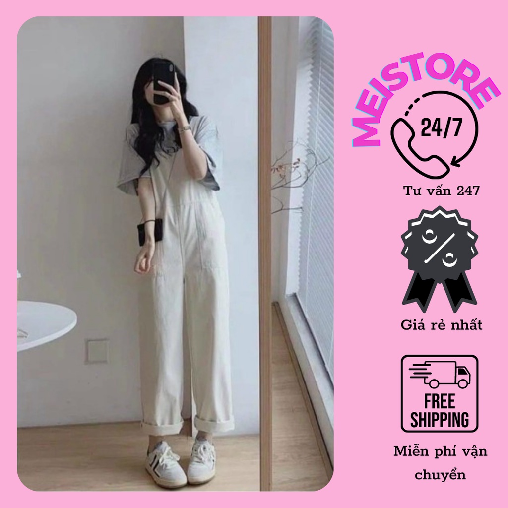 Set áo phông kèm quần yếm kaki màu be phong cách đường phố dành cho nữ có ảnh thật
