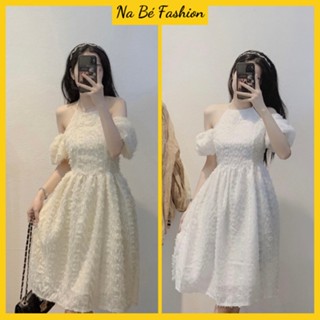  Váy cổ yếm trễ vai lông vũ cao cấp cực xinh - Đầm yếm tay bồng lông vũ hai màu kiều nữ 2 lớp babydoll Na Bé Fashion 