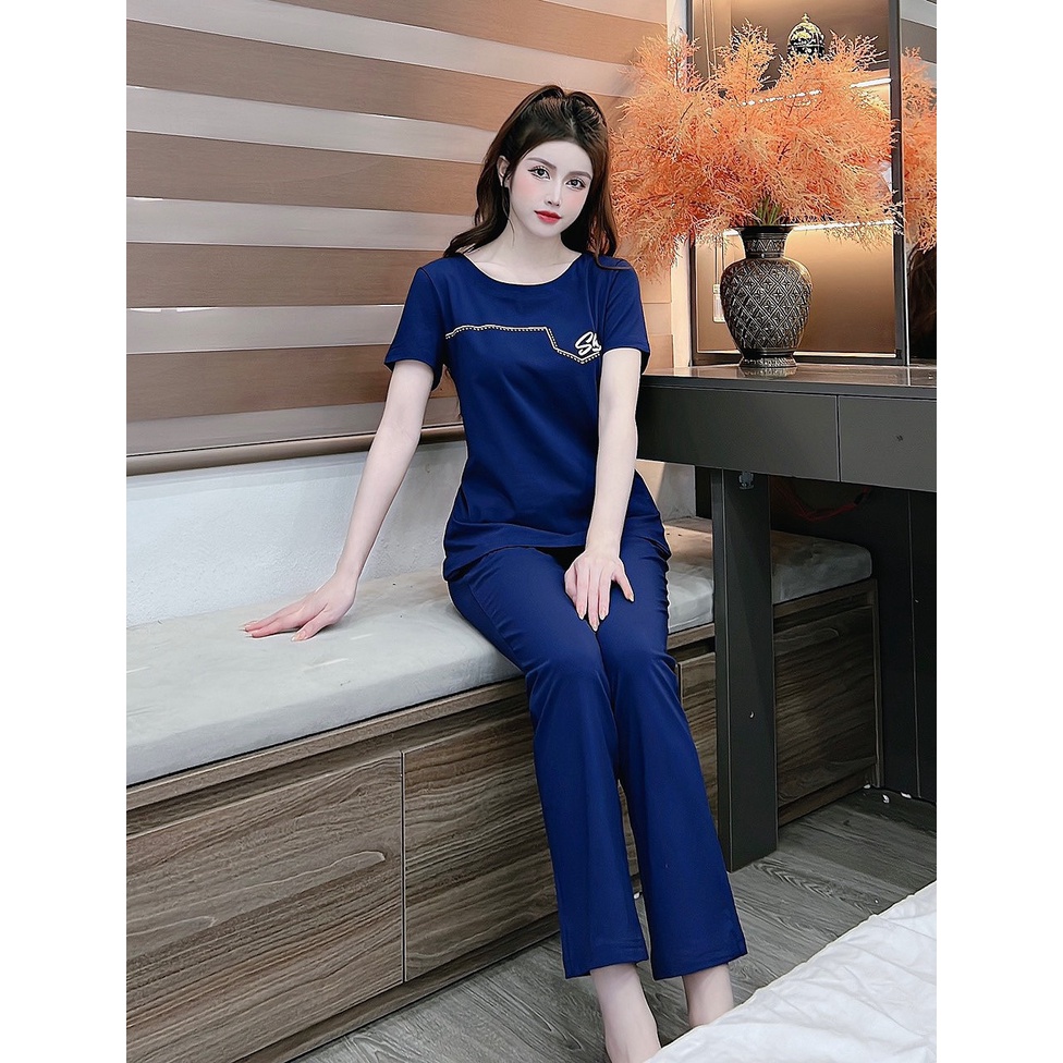 Bộ đồ mặc nhà cotton Palvin trung niên, kiểu dáng áo cộc quần dài trẻ trung, gam màu nền nã chất cotton mềm mịn nhẹnhàng