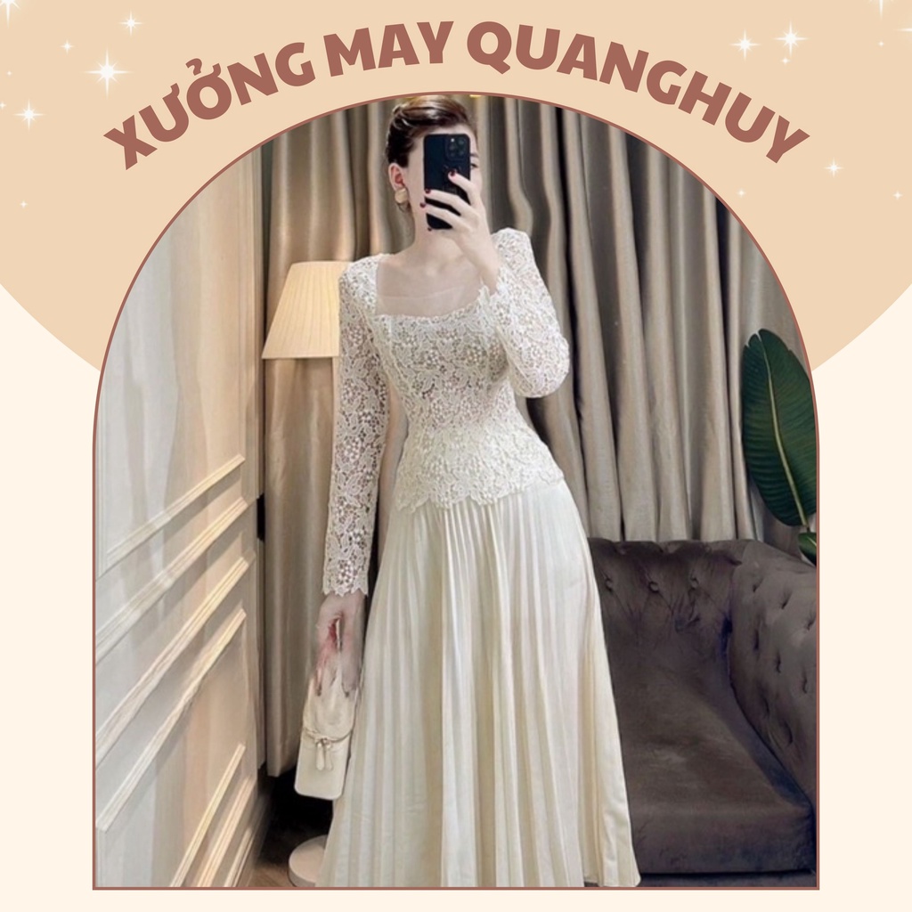 Set Ren Trắng Áo Cổ Vuông + Chân Váy Dài Xếp Ly Họa Tiết Hoa Thiết Kế