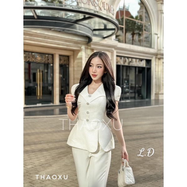 Set áo pelum cúc đá hoa + quần suông