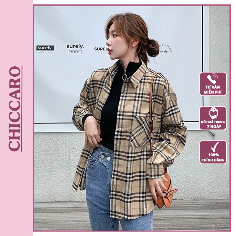 Áo sơ mi nữ tay dài kiểu form rộng kẻ sọc caro hàng đẹp Quảng Châu CHICCARO SM37