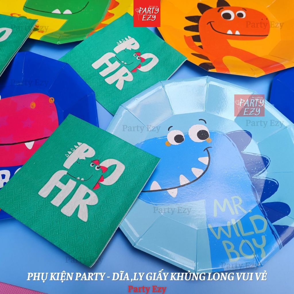 Dĩa Giấy Ly Giấy Khủng Long Vui Vẻ -Phụ kiện trang trí sinh nhật