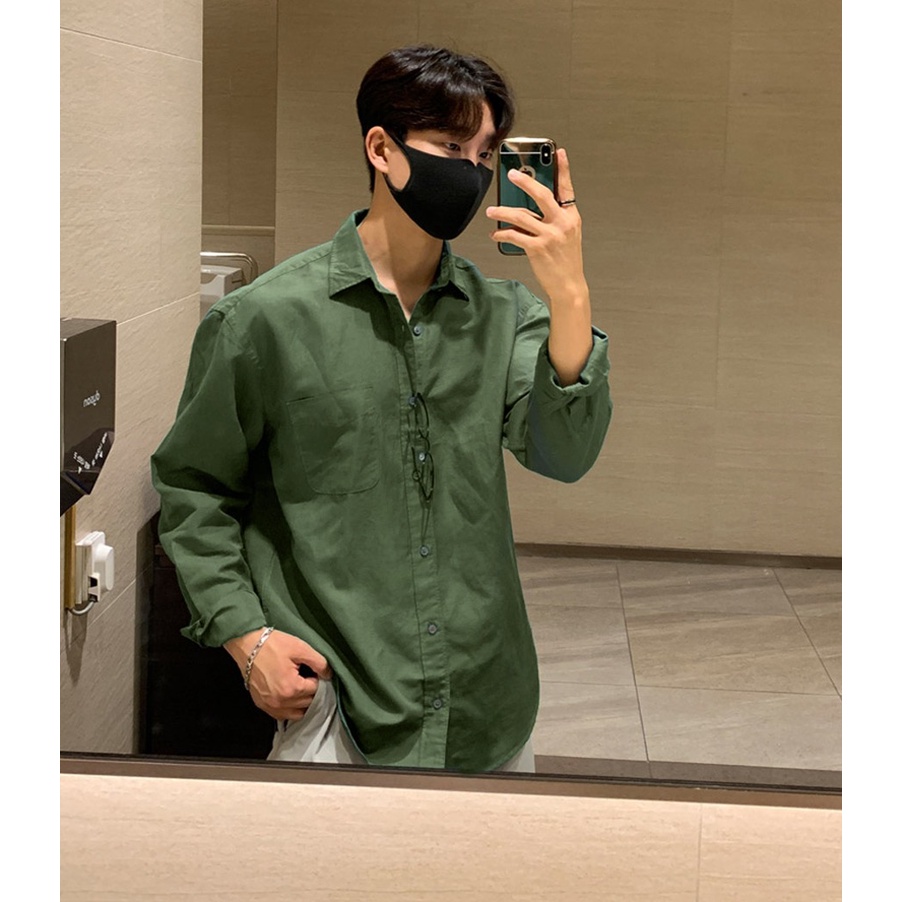 Áo sơ mi cotton trơn màu xanh lá dài tay form rộng hàn quốc,phom dáng thoải mái thấm hút mồ hôi tốt - SEOUL