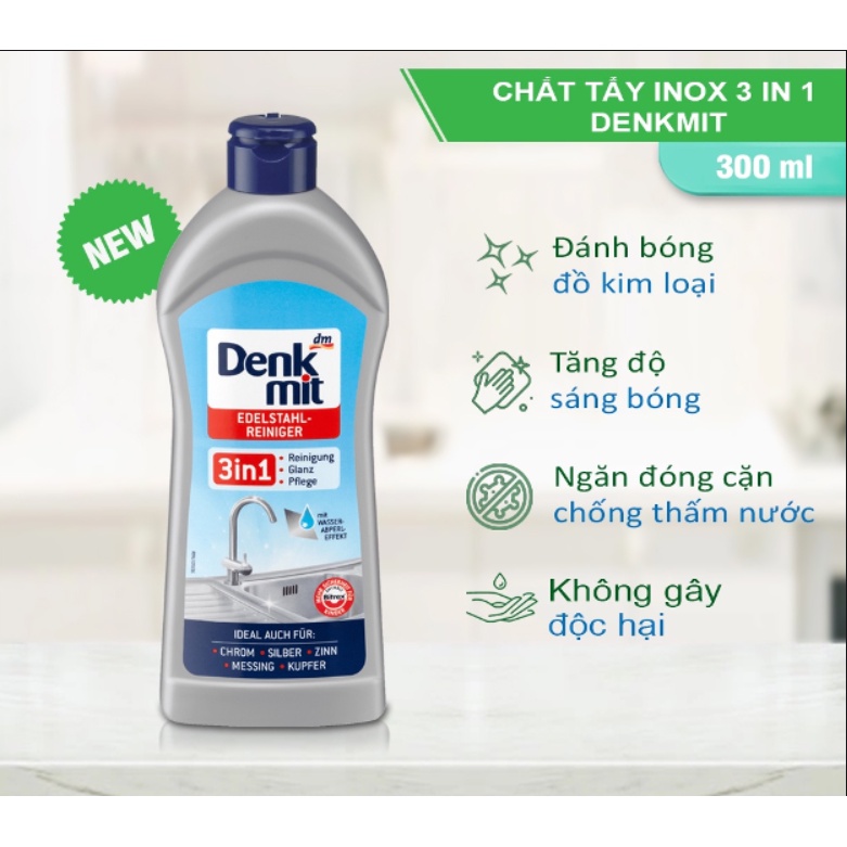 Kem Tẩy Rửa Inox Denkmit cao cấp Tẩy sạch và làm sáng bóng các bề mặt Inox Đồng Chrome chai 300ml