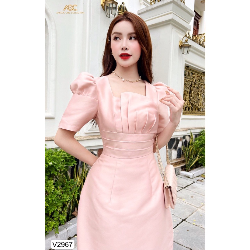 VÁY HỒNG TAFTA CỔ VUÔNG V2967 - DVC