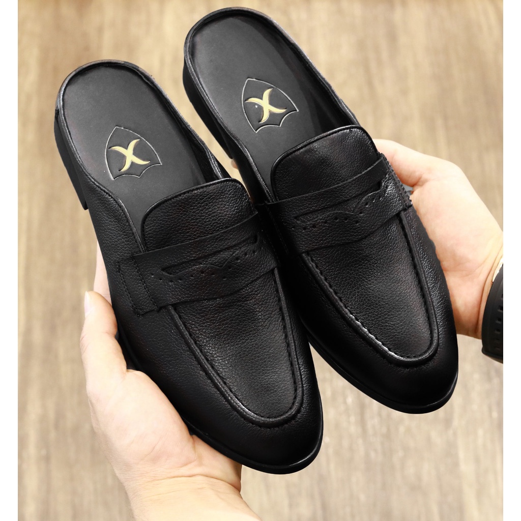 Giày sục nam da bò sần, da miu cao cấp đế cao su đúc - Bảo hành 12 tháng S011 màu đen