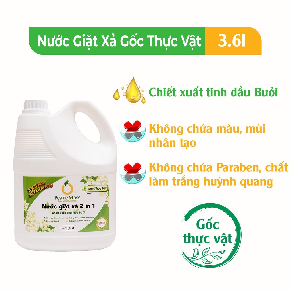 [AN TOÀN][THUỘC NHÓM SP LÀNH TÍNH/HỮU CƠ] Nước Giặt Xả Gốc Thực Vật Peace Mass 2in1 3.6l Đánh Bay Vết Bẩn Cứng Đầu