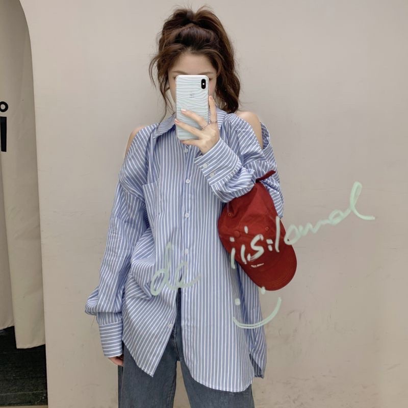 SẴN - ÁO SƠ MI KẺ SỌC KHOÉT VAI TIỂU THƯ HÀN QUỐC