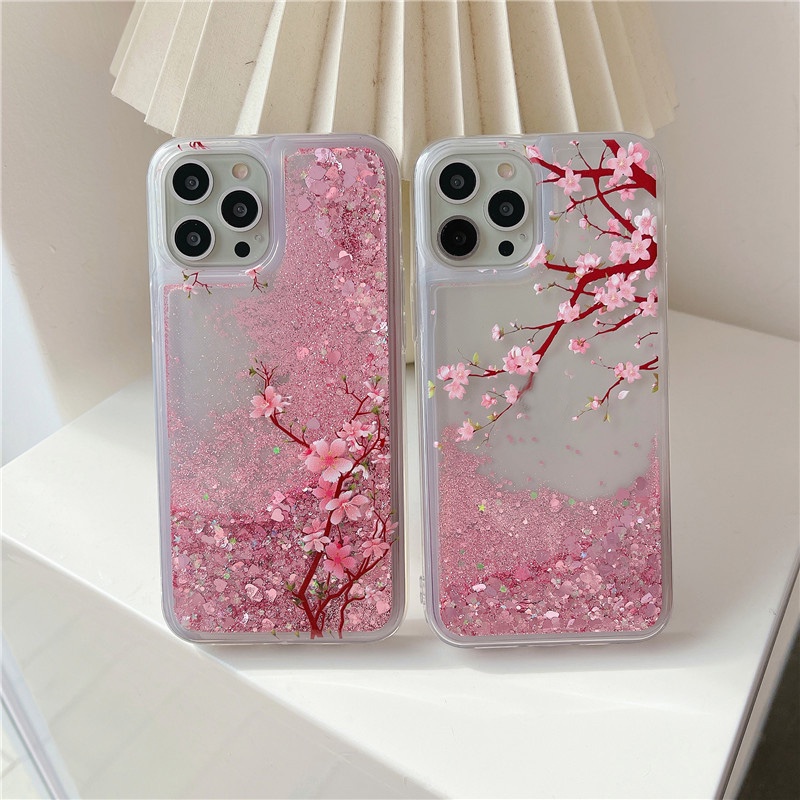Ốp Điện Thoại Mềm Trong Suốt Phối Kim Tuyến Nước Hình Hoa Đào Cho iPhone 14 Plus 13 Mini 12 Pro 11 Pro Max