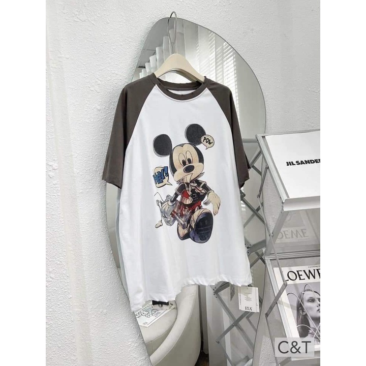 Áo phông thun form rộng unisex 3158 mặc đôi chất cotton hình mickey phối tay