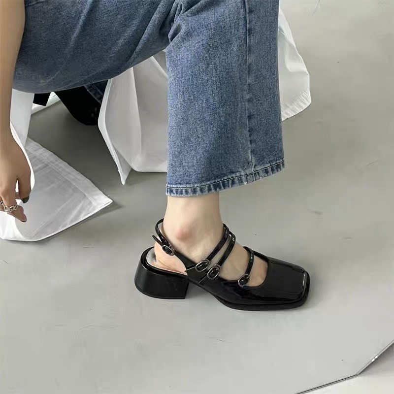 Giày Mary Jane mùa hè Xăng đan nữ 2023 mũi vuông đế vuông