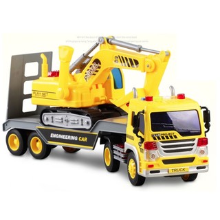 Xe mô hình đầu kéo chở xe cẩu xúc đồ chơi trẻ em có âm thanh và đèn xe bằng nhựa cao cấp