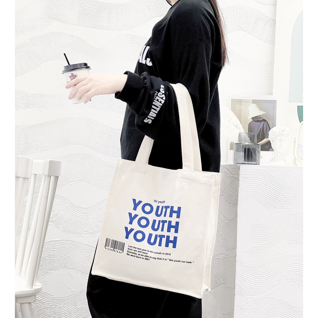 Túi Vải Canvas Thời Trang KAYLEE Thêu Chữ Youth Phong Cách Hàn Quốc KT33x33x12cm TCV11