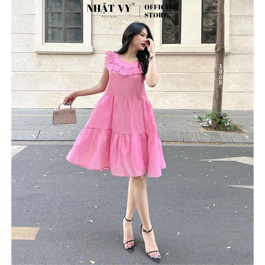Đầm đi chơi Nhật Vy cổ tròn phối bèo vai 2 lớp dáng suông chất voan xốp phù hợp công sở cafe sang chảnh - D2558