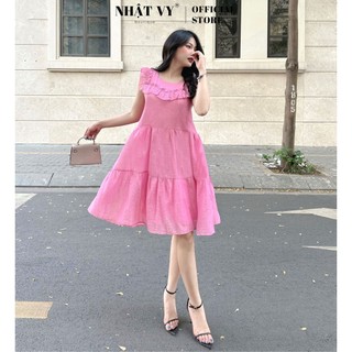Đầm đi chơi Nhật Vy cổ tròn phối bèo vai 2 lớp dáng suông chất voan xốp phù hợp công sở cafe sang chảnh - D2558