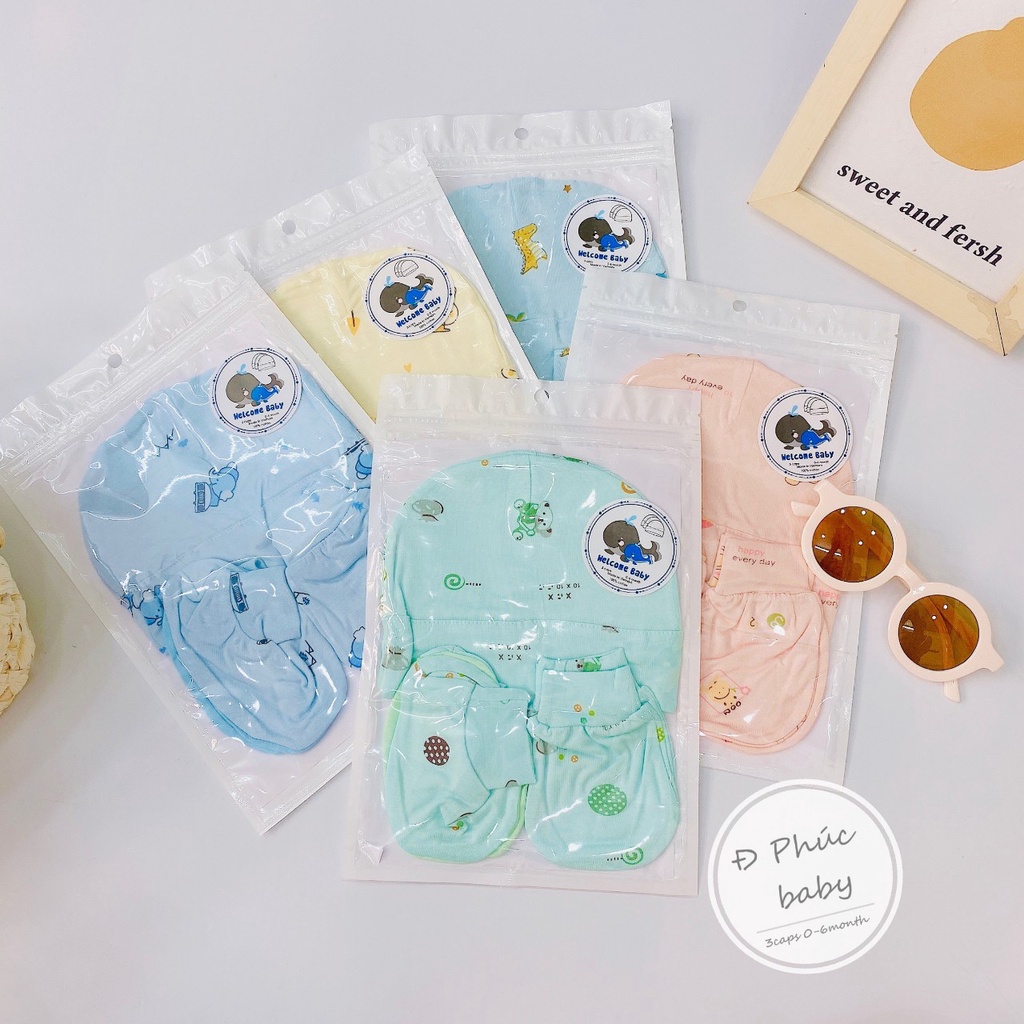 Set Mũ Bao Tay Chân Thun Lạnh Họa Tiết Xinh Cho Bé Sơ Sinh