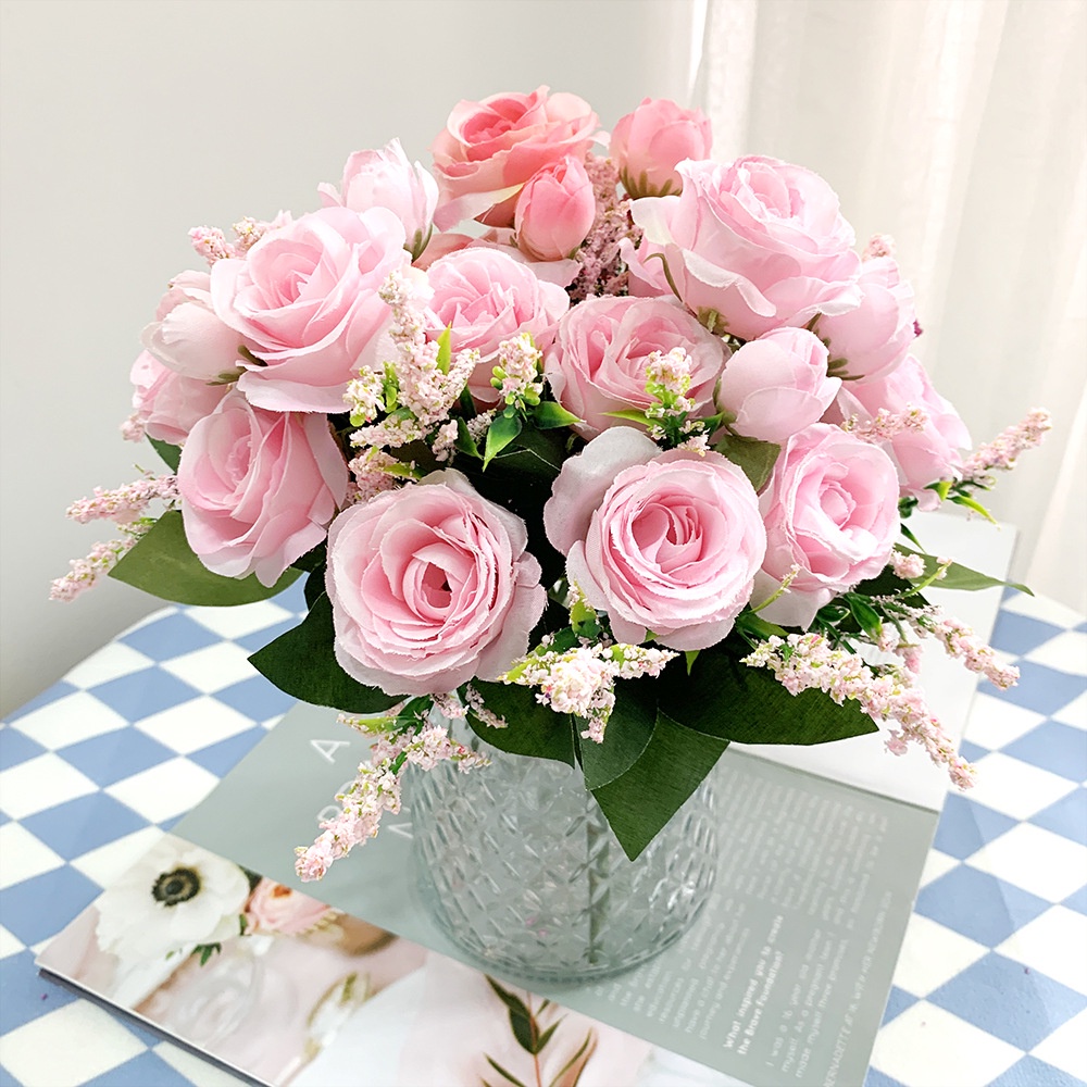 Hoa Giả - Bó Hoa Hồng Giả 8 Bông Trang Trí Tiệc Cưới - Hoa Lụa Decor Trang Trí Nhà Cửa LizFlower